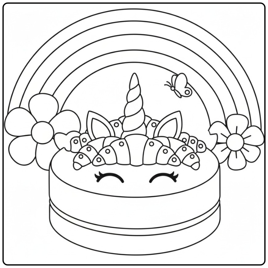 Een schattige Kleurplaat unicorn Croissant taart met regenboog.