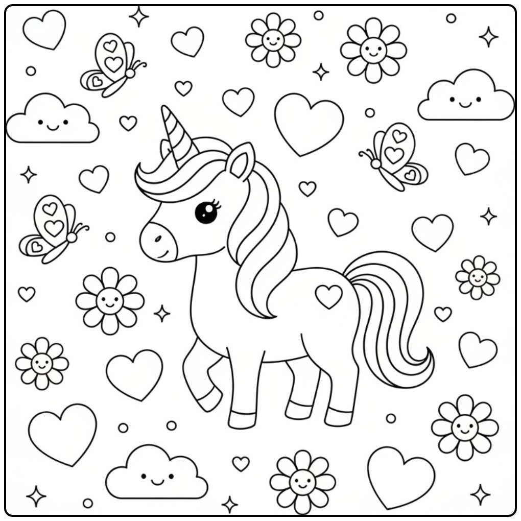 Kleurplaat unicorn en vlinders hartjes tussen bloemen en vrolijke wolken.