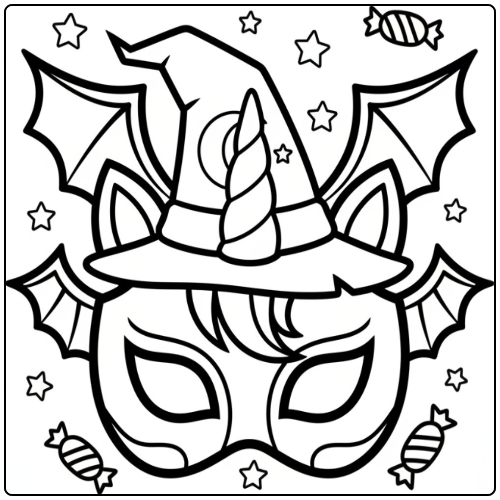 Een leuke Kleurplaat unicorn Halloween maskers met een heksenhoed.