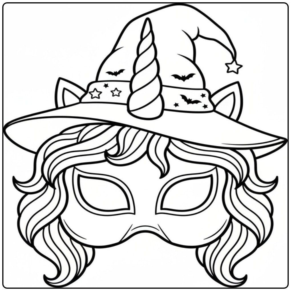 Leuke Kleurplaat unicorn Halloween maskers met een heksenhoed.