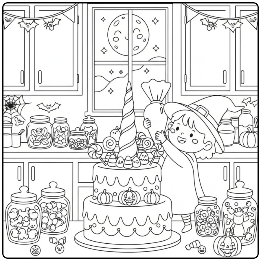 Kleurplaat unicorn halloween taart met een heksje in de keuken.