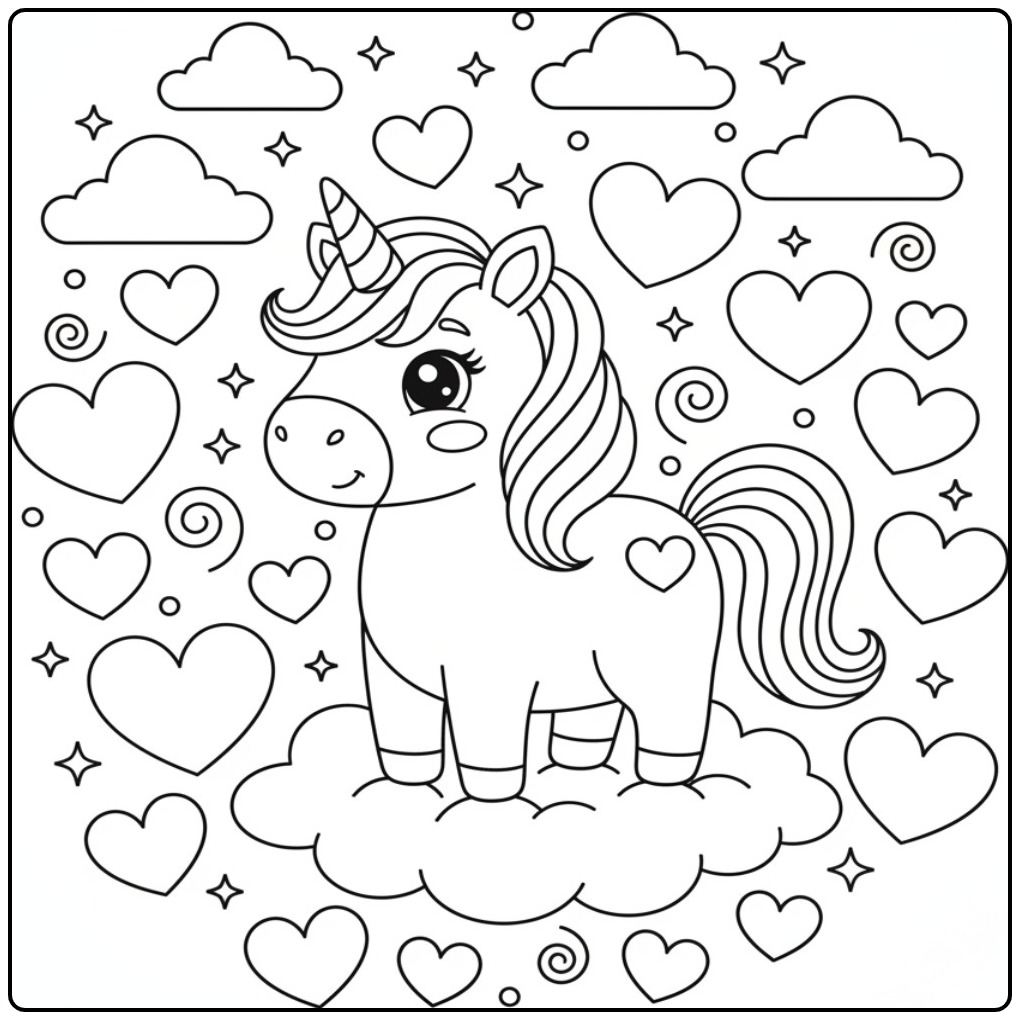 Leuke kleurplaat unicorn hartjes op wolk met sterren en wolken.