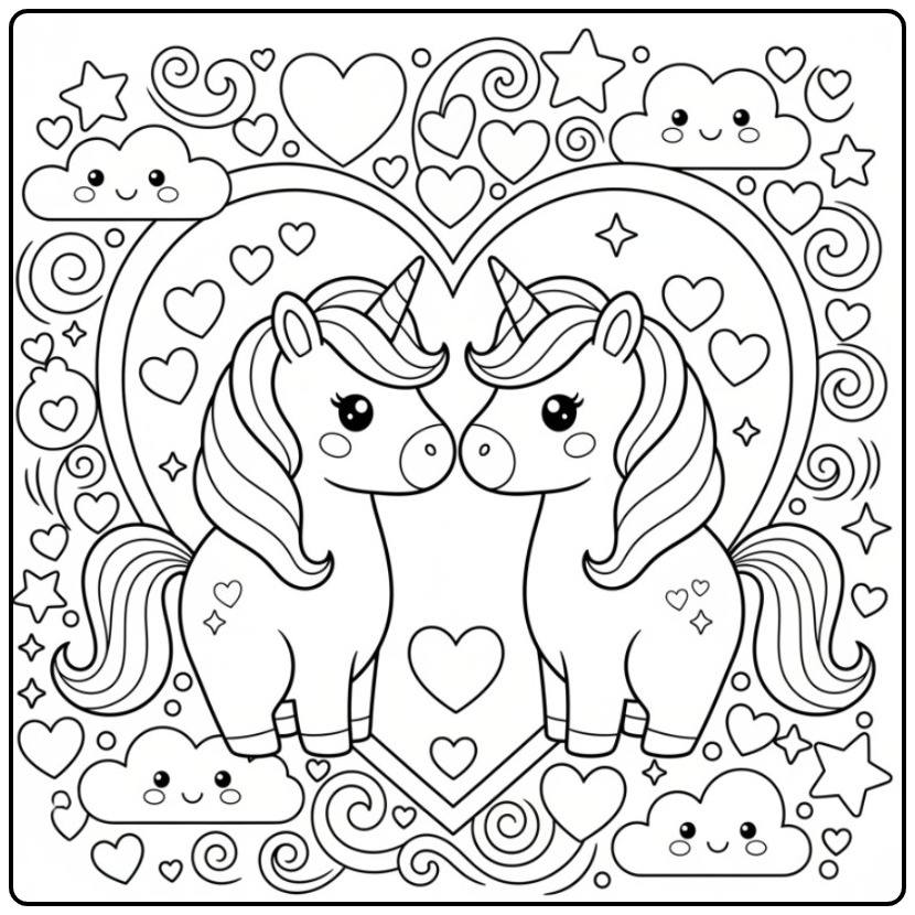 Kleurplaat unicorn hartjes met twee schattige eenhoorns en wolken.
