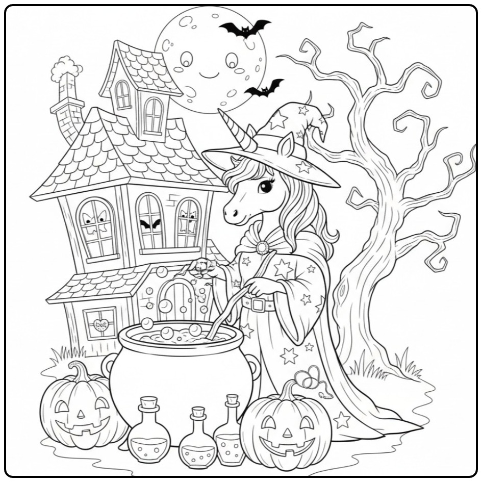 Leuke Kleurplaat unicorn heks voor Halloween met een ketel.