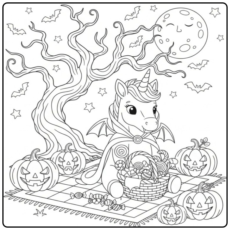 Kleurplaat unicorn heks voor Halloween met pompoenen en snoep.