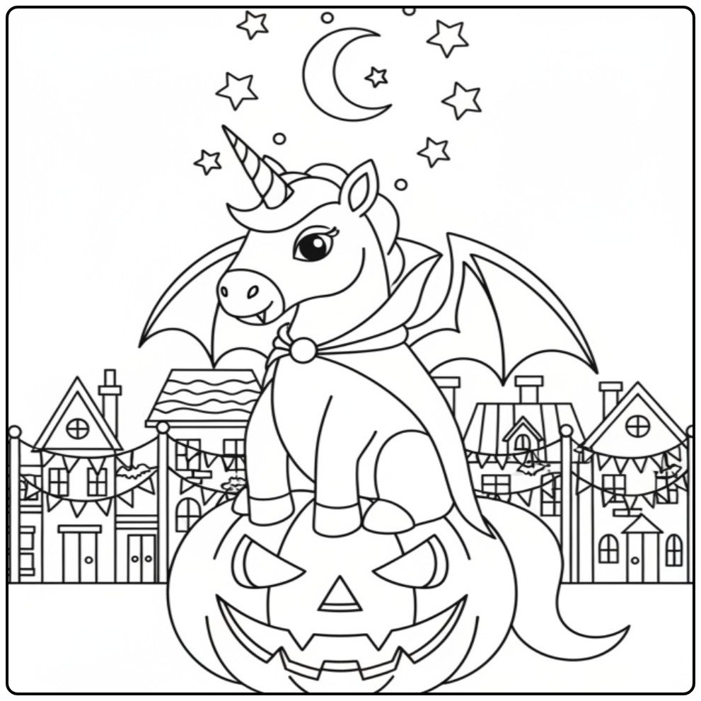 Leuke Kleurplaat unicorn heks voor Halloween op een pompoen.