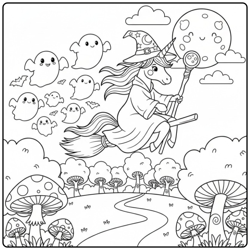 Een leuke Kleurplaat unicorn heks voor Halloween met spookjes.
