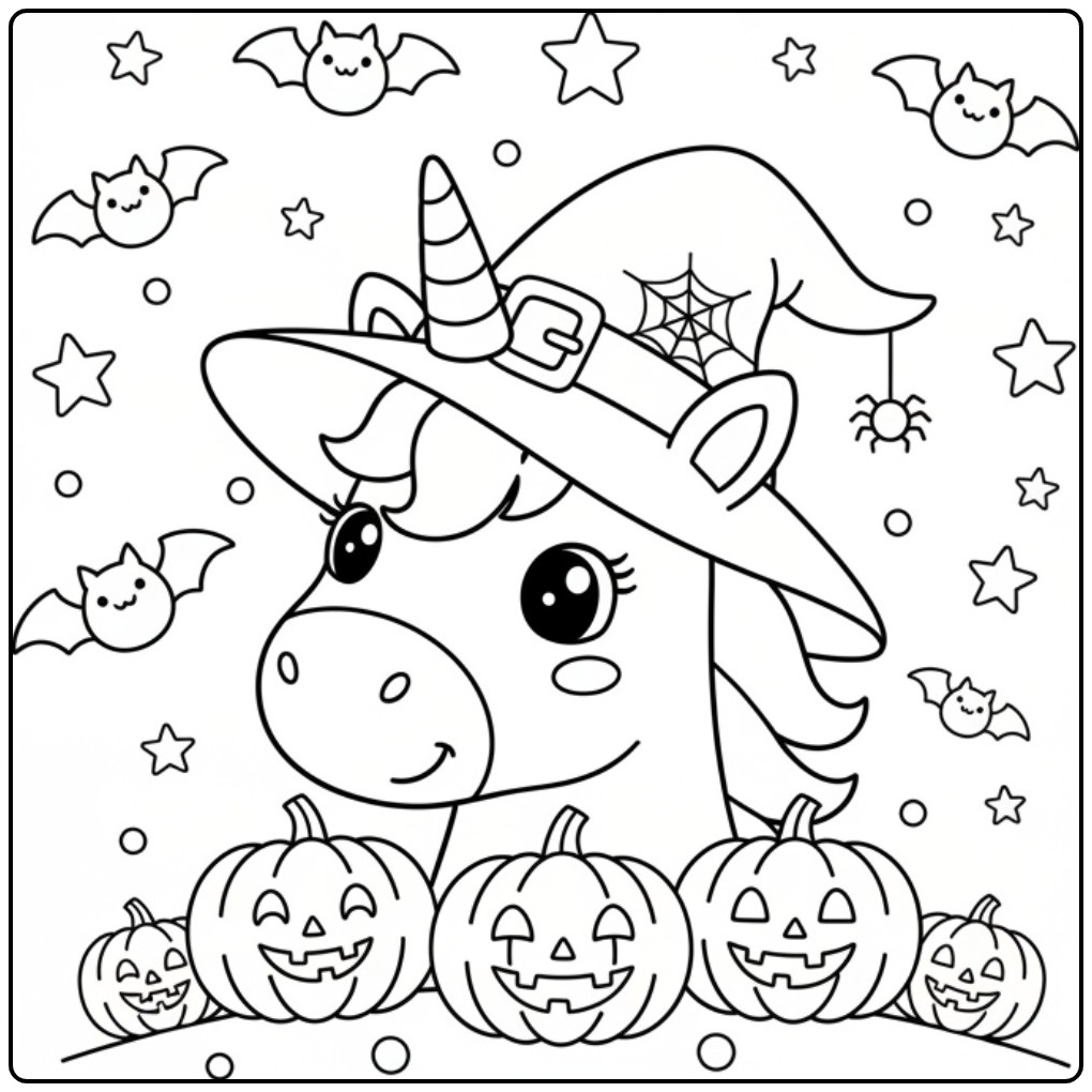 Leuke Kleurplaat unicorn hoofd Halloween met vleermuizen.