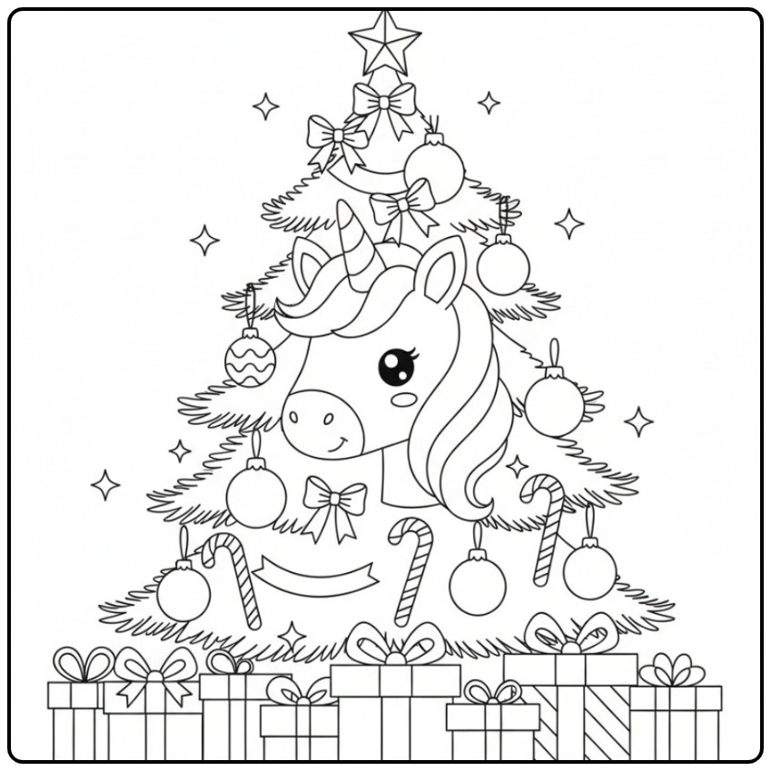 Een vrolijke Kleurplaat unicorn hoofd Kerstmis met cadeautjes.