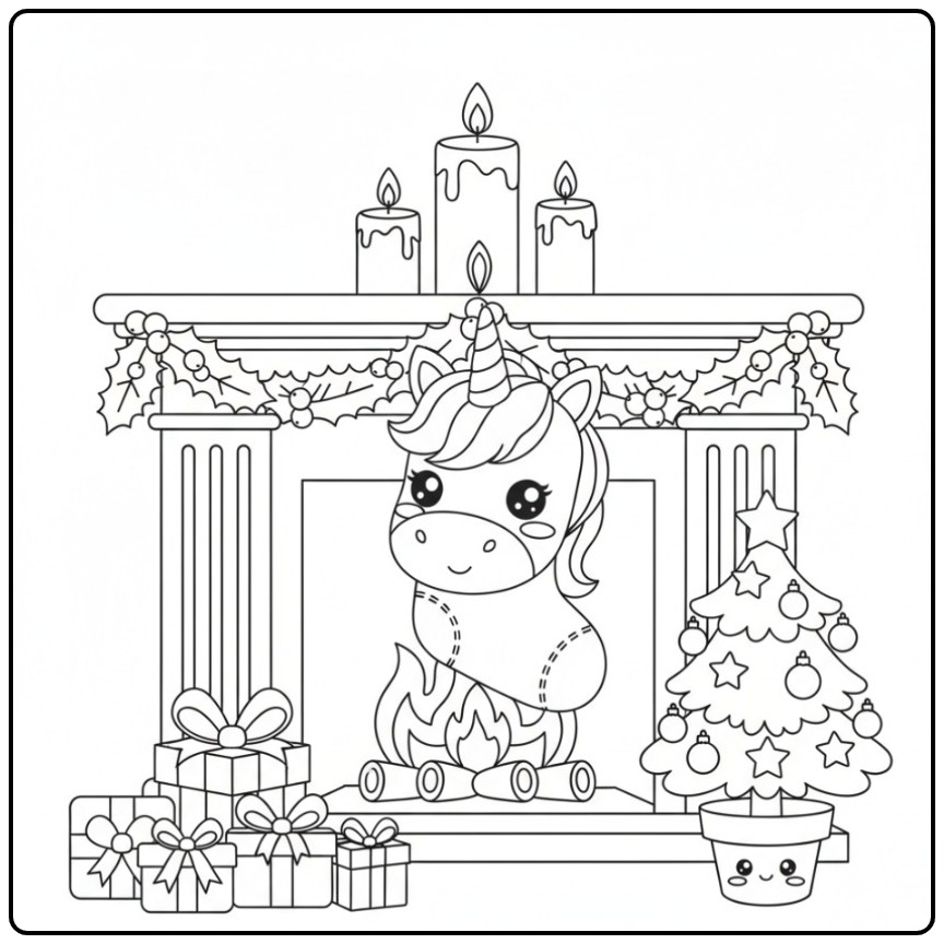 Kleurplaat unicorn hoofd Kerstmis in een kous bij de open haard.
