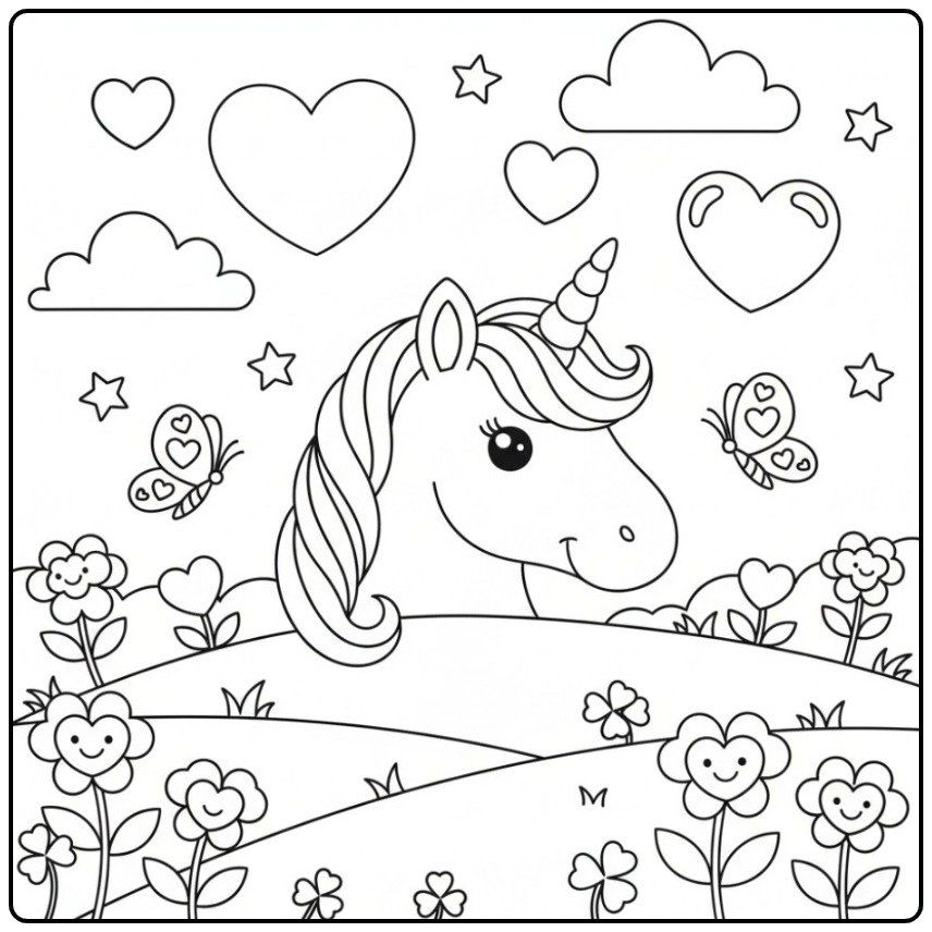 Vrolijke Kleurplaat unicorn hoofd met hartjes en vlinders.