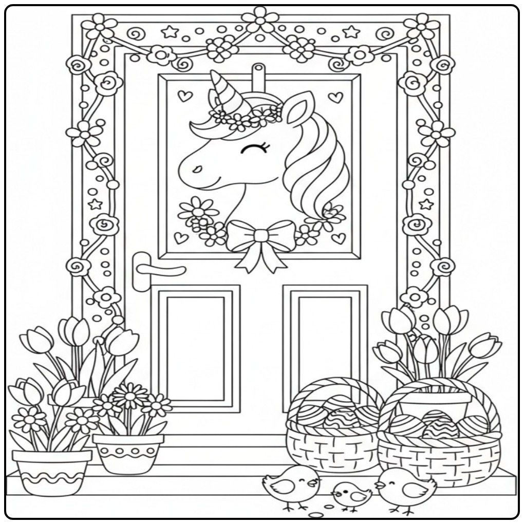 Schattige Kleurplaat unicorn hoofd Pasen aan de voordeur.