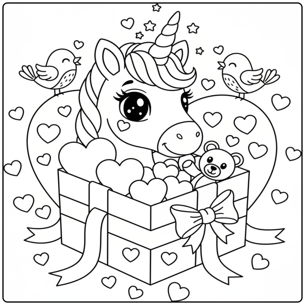Een lieve Kleurplaat unicorn hoofd Valentijn in een cadeaudoos.