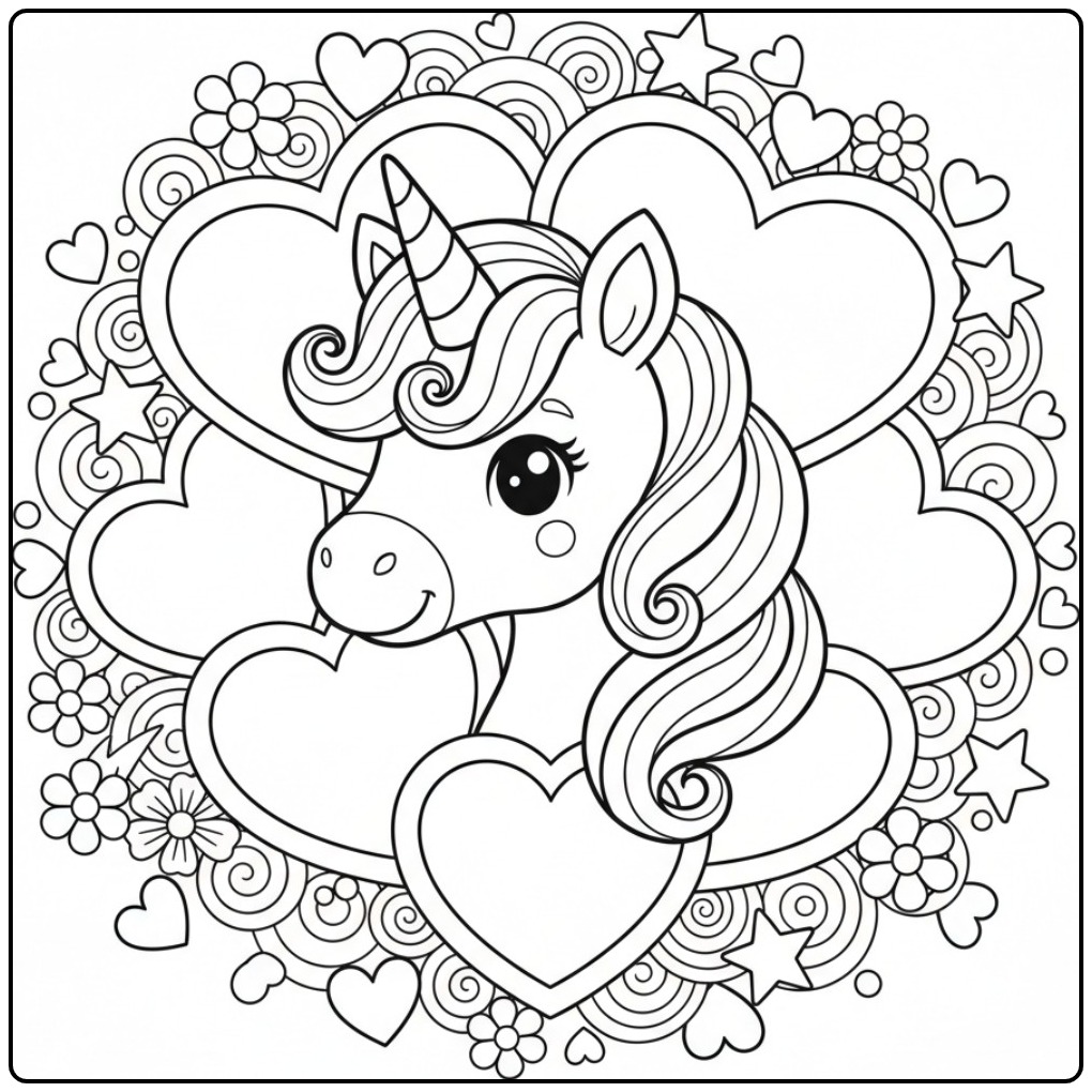 Een schattige Kleurplaat unicorn hoofd Valentijn met hartjes.