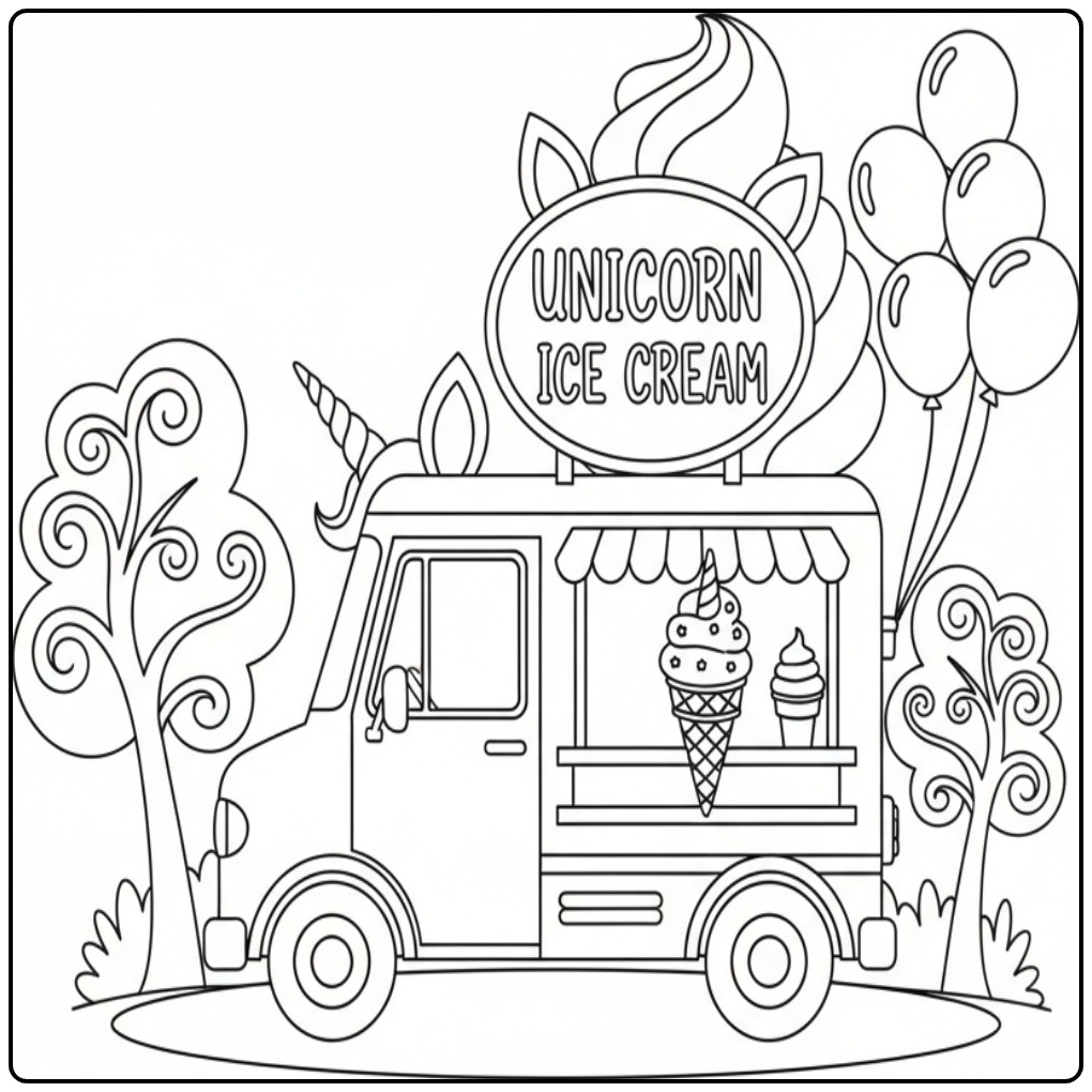 Leuke kleurplaat unicorn ijsje: een vrolijke foodtruck met eenhoornthema.