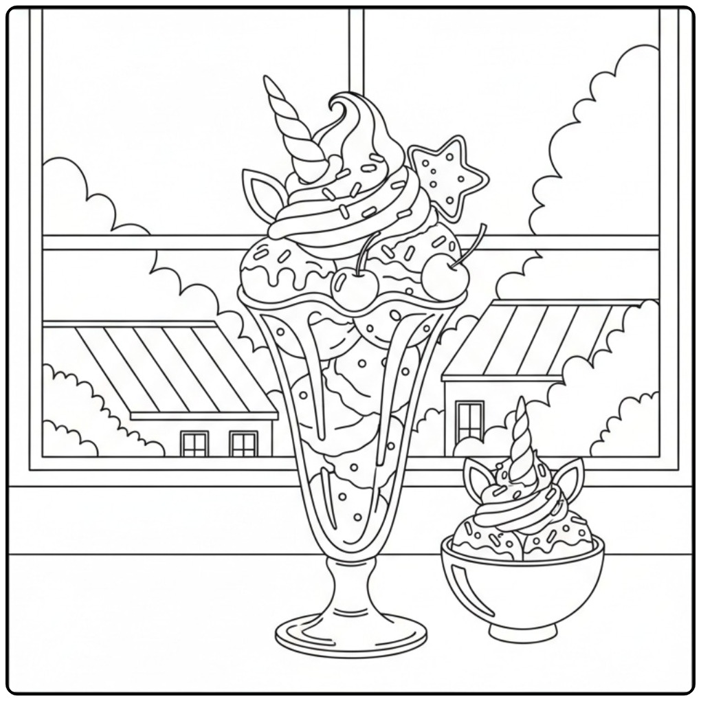 Kleurplaat unicorn ijsje: zoet dessert met kersen en ster.