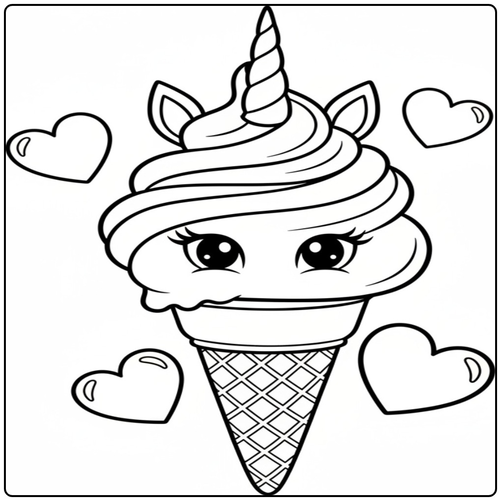 Leuke kleurplaat unicorn ijsje met grote ogen en omringende harten.