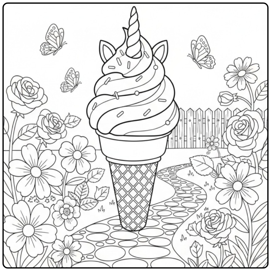 Leuke kleurplaat unicorn ijsje in bloementuin met vlinders.
