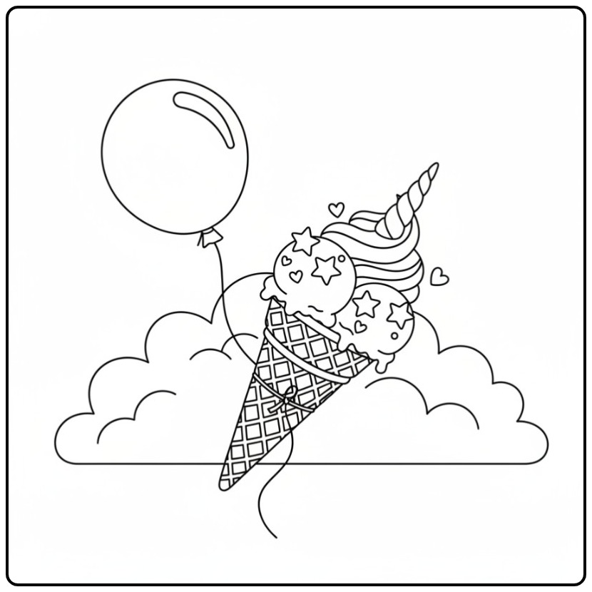 Leuke kleurplaat unicorn ijsje met ballon en wolken om in te kleuren.