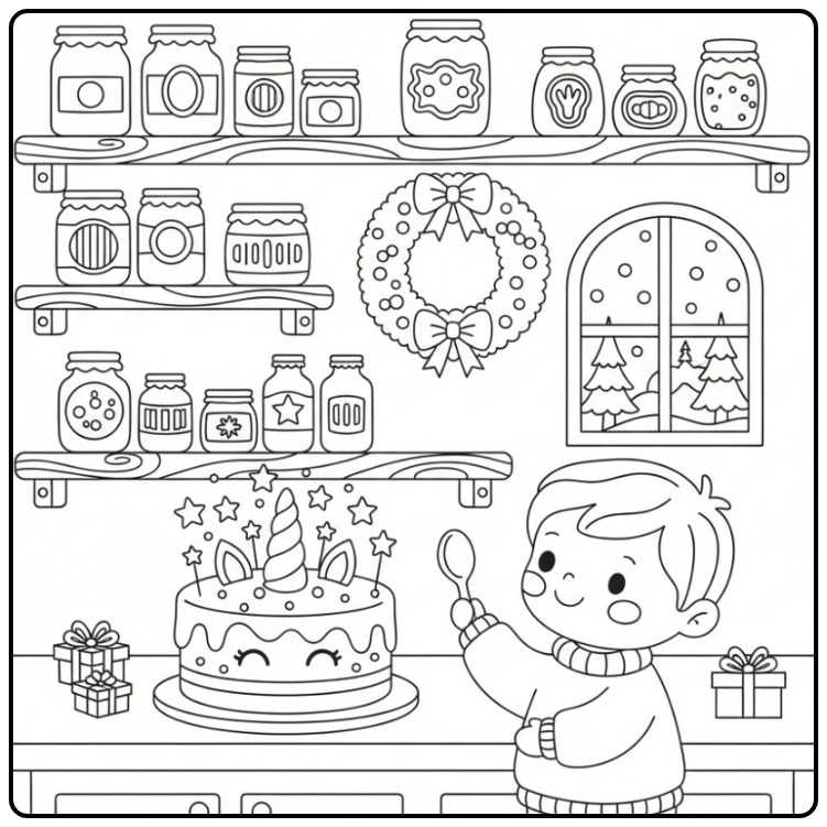 Leuke Kleurplaat unicorn kerst taart met een jongen in de keuken.