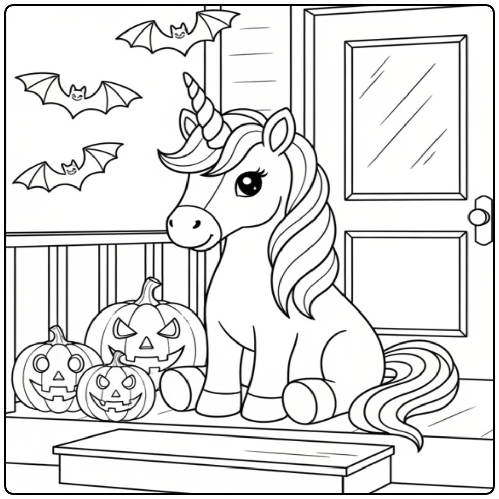 Leuke Kleurplaat unicorn met pompoen voor Halloween op de veranda.