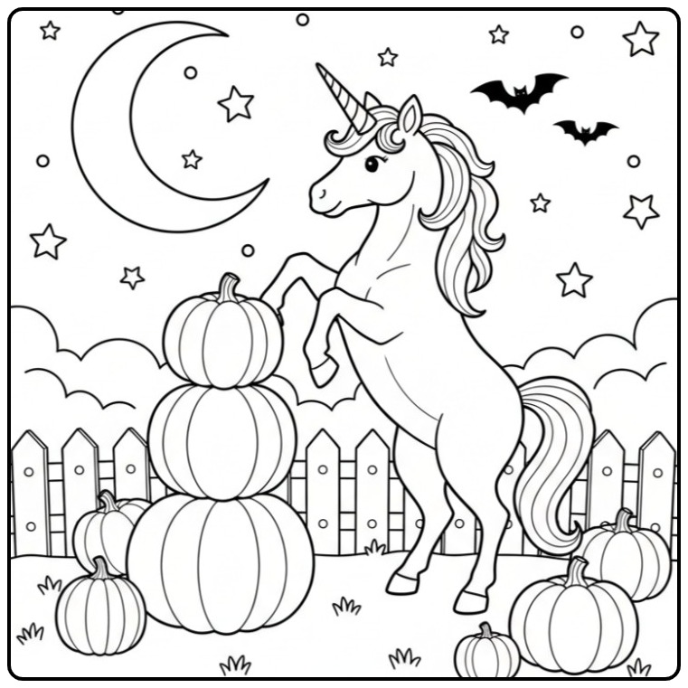 Speelse Kleurplaat unicorn met pompoen voor Halloween scène.