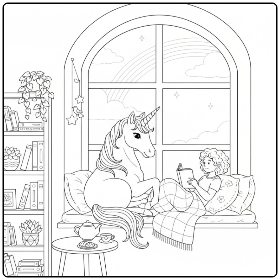 Gezellige kleurplaat unicorn regenboog met een lezend meisje.
