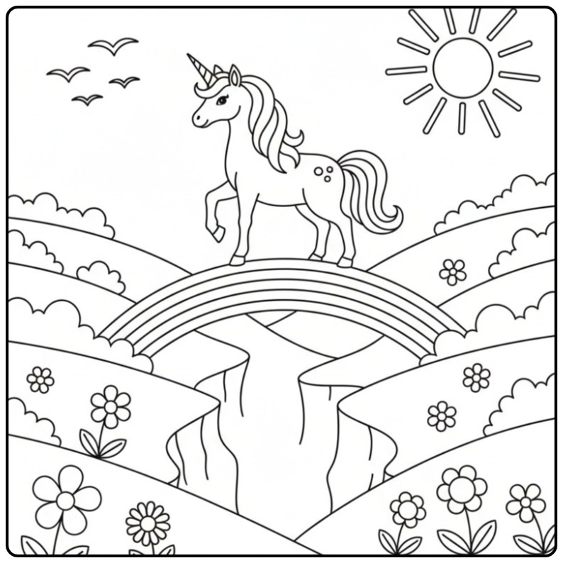 Een vrolijke kleurplaat unicorn regenboog die over een kloof loopt.