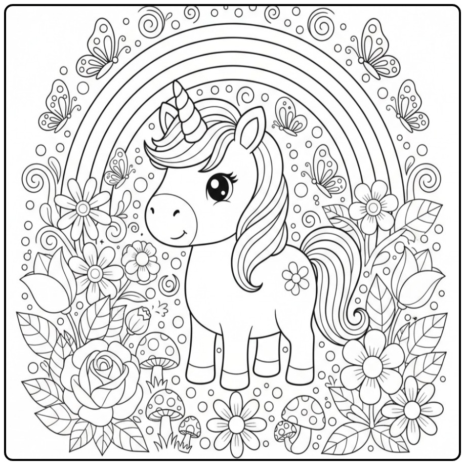 Een schattige kleurplaat unicorn regenboog tussen de bloemen.