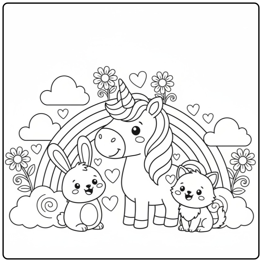 Leuke kleurplaat unicorn regenboog met een konijn en een poes.