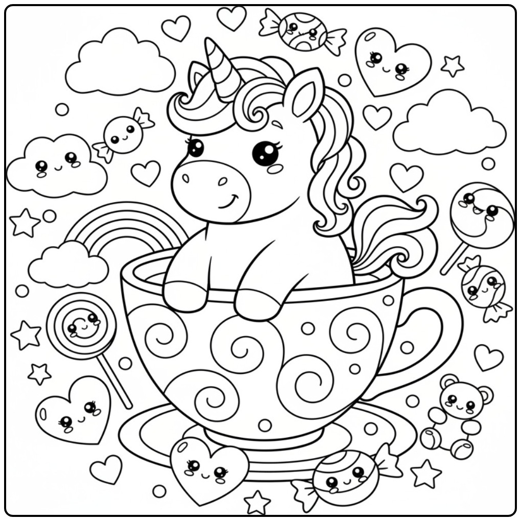 Een schattige kleurplaat unicorn regenboog in een theekopje.