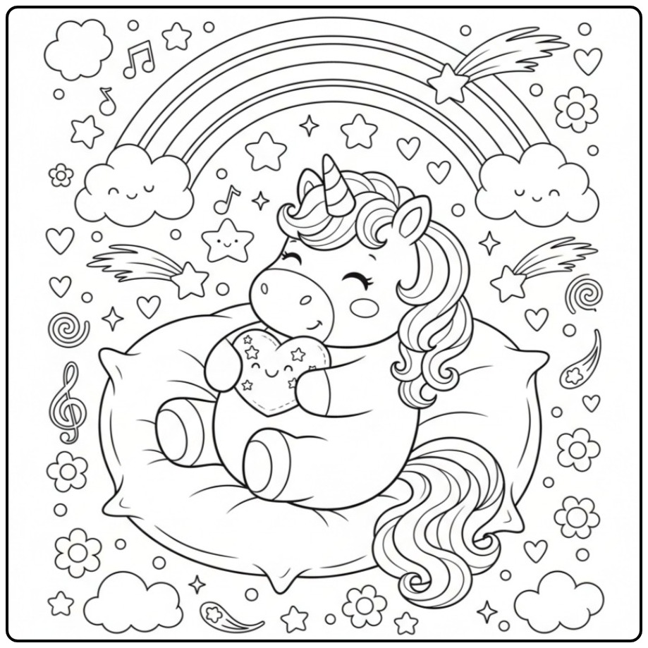 Schattige kleurplaat unicorn regenboog met sterren en hartjes.