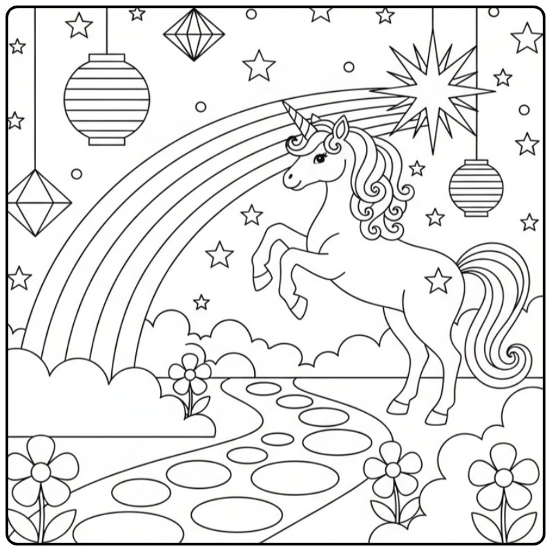 Een vrolijke kleurplaat unicorn regenboog met sterren en wolken.