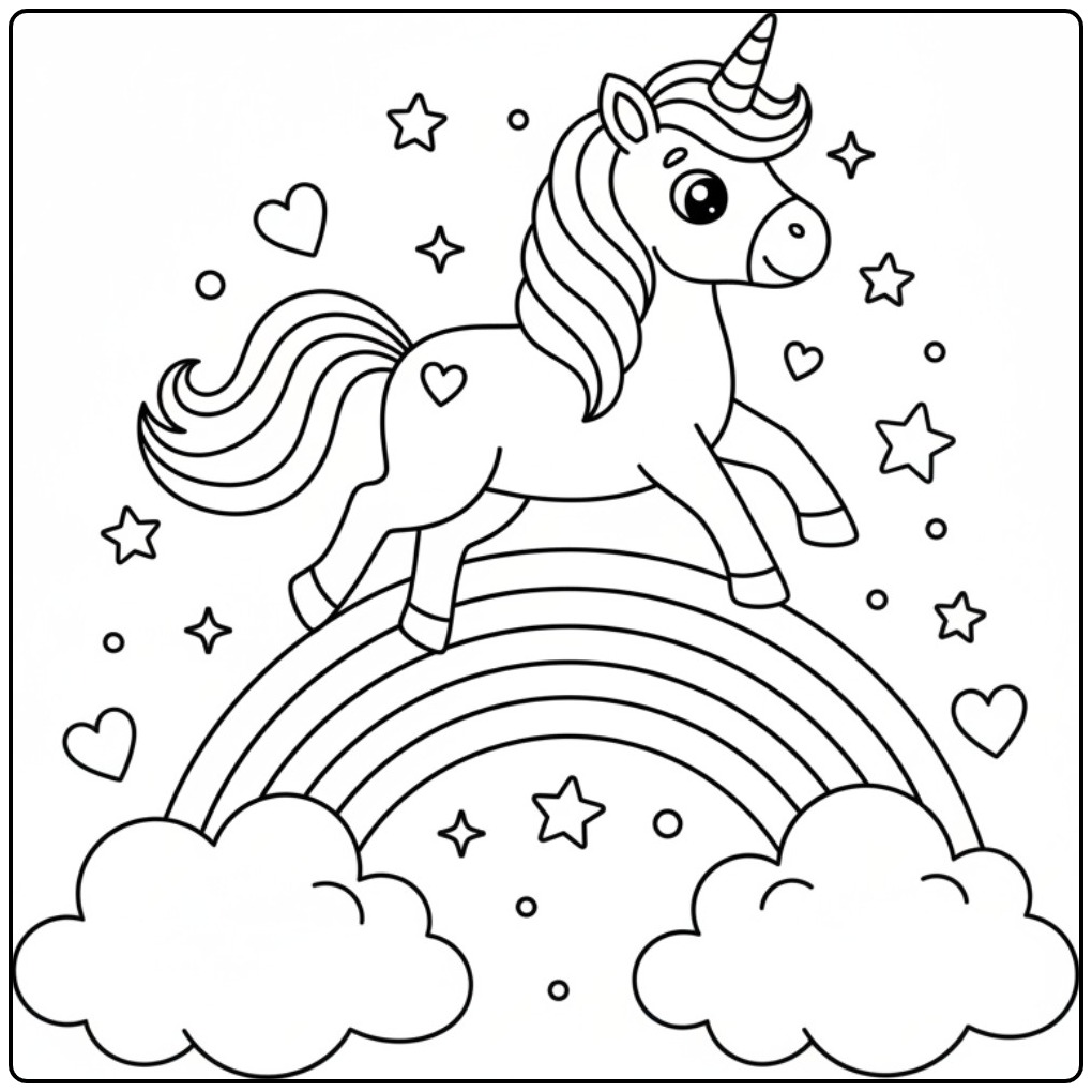 Een schattige kleurplaat unicorn regenboog met sterren en wolken.