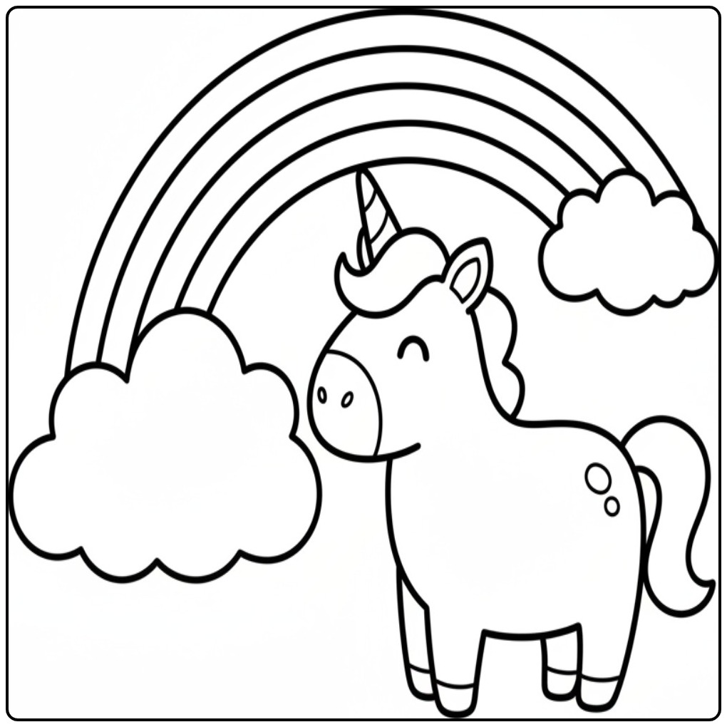 Een schattige kleurplaat unicorn regenboog met blije wolken.