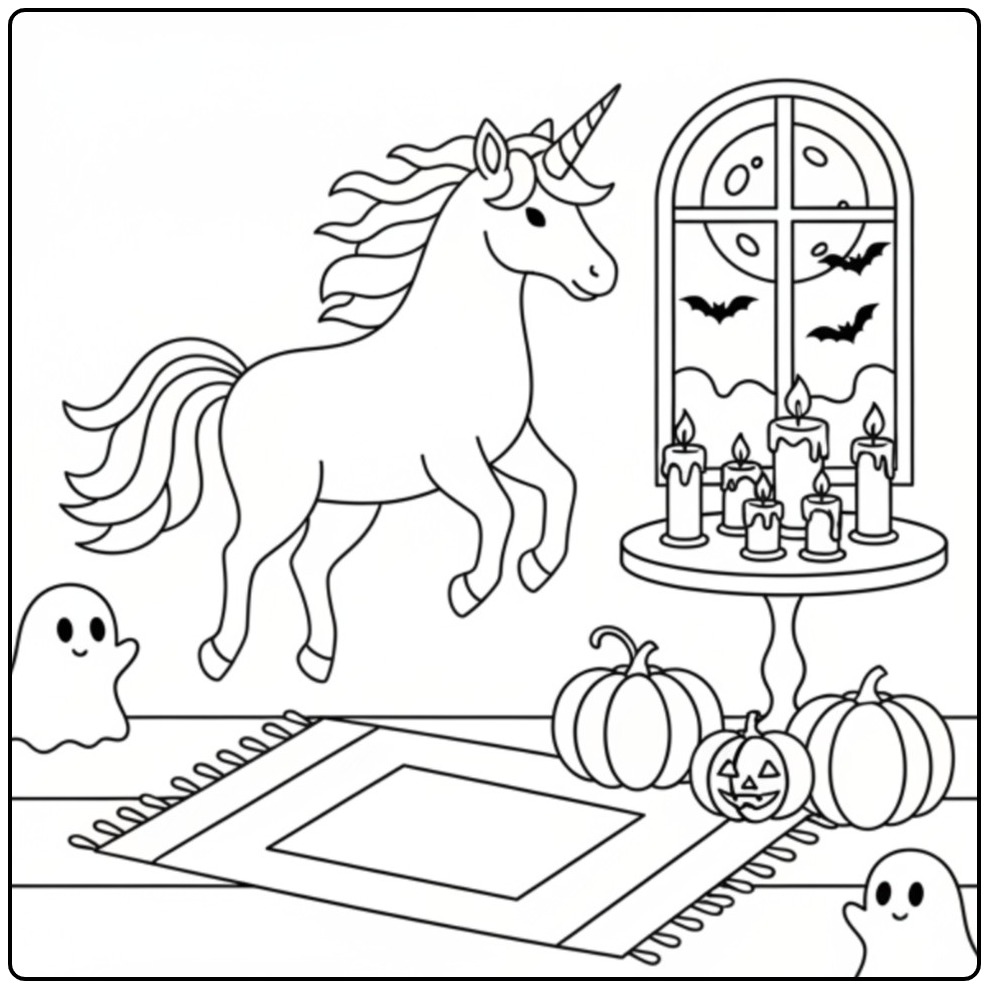 Kleurplaat unicorn spook voor Halloween met pompoenen en kaarsen.