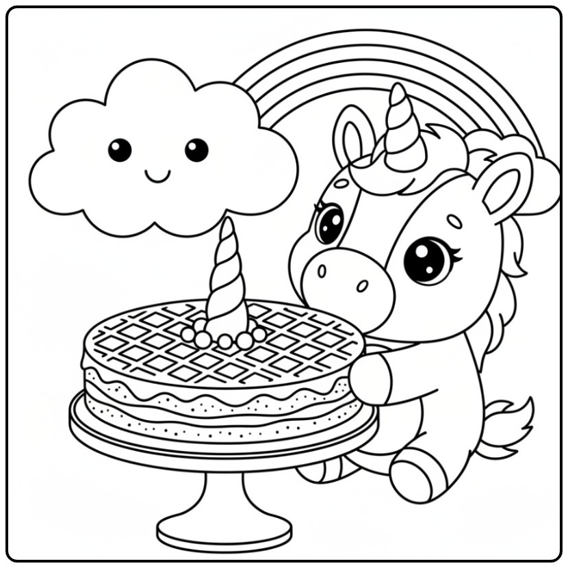 Schattige Kleurplaat unicorn stroopwafel taart met wolkje.