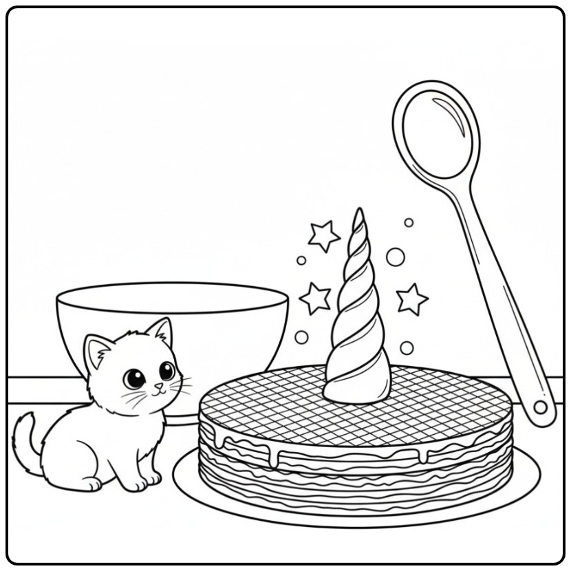 Een schattig katje bij een Kleurplaat unicorn stroopwafel taart.