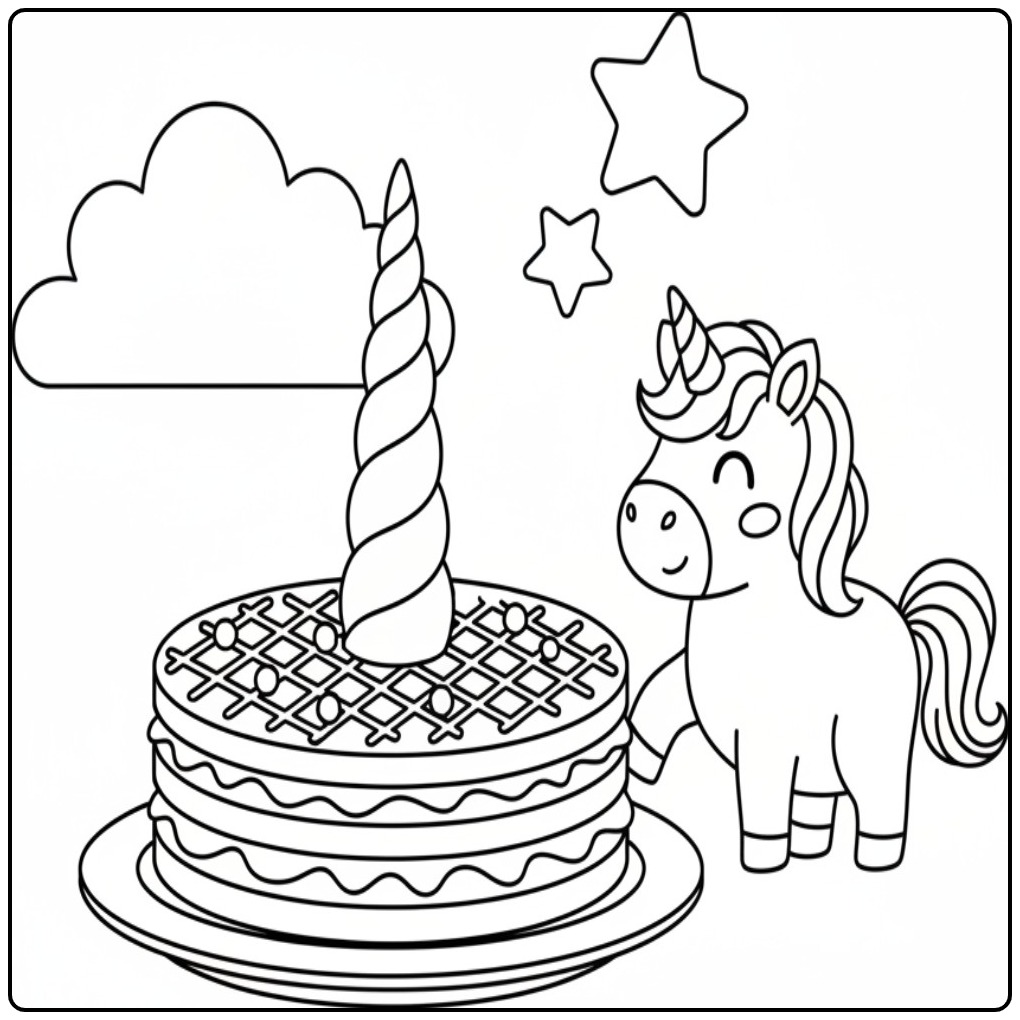 Een schattige Kleurplaat unicorn stroopwafel taart met sterren.