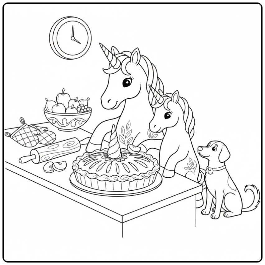 Schattige kleurplaat unicorn taart met een mama en baby eenhoorn.