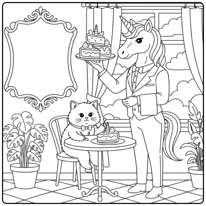 Vrolijke kleurplaat unicorn taart met een kat en een ober.