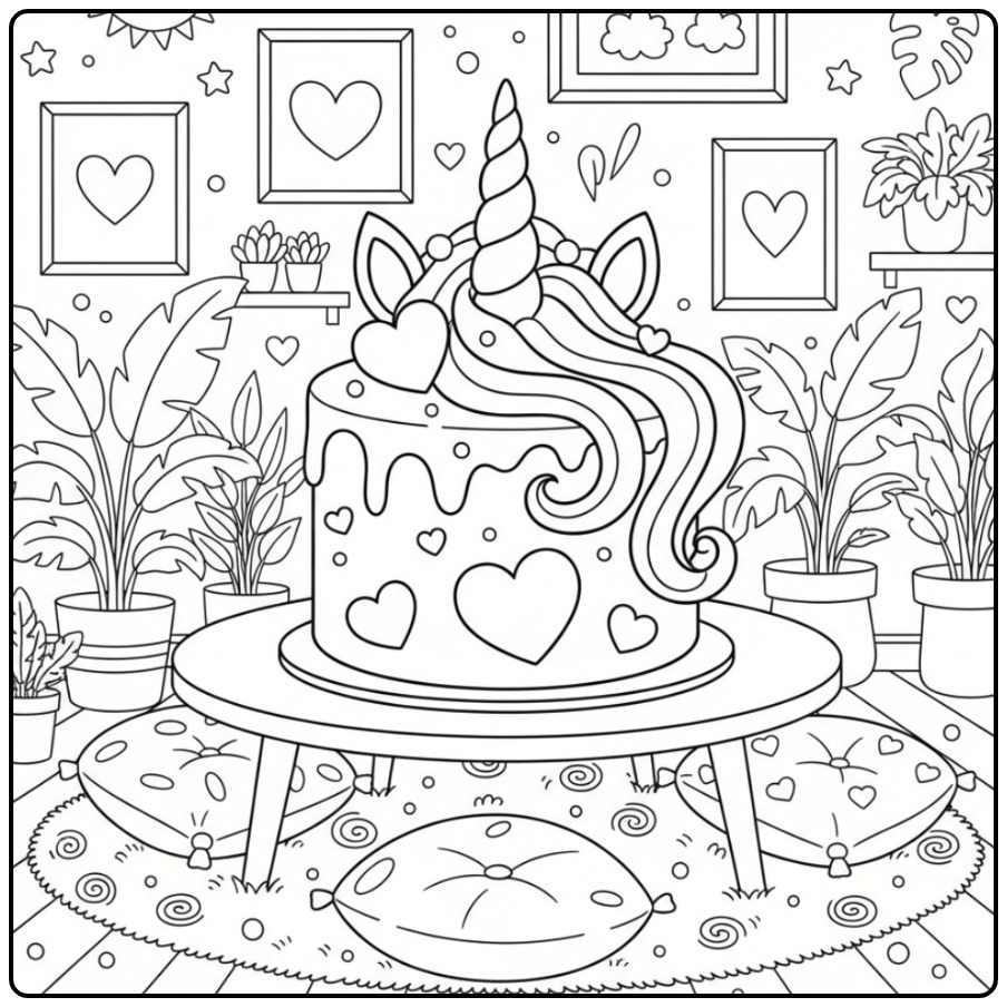 Een leuke Kleurplaat unicorn taart met hartjes en planten.