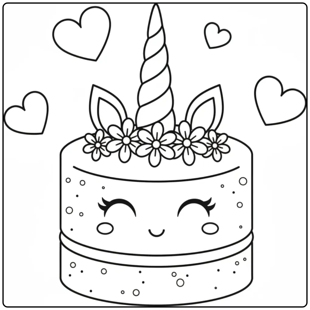 Een vrolijke kleurplaat unicorn taart met zwevende hartjes.