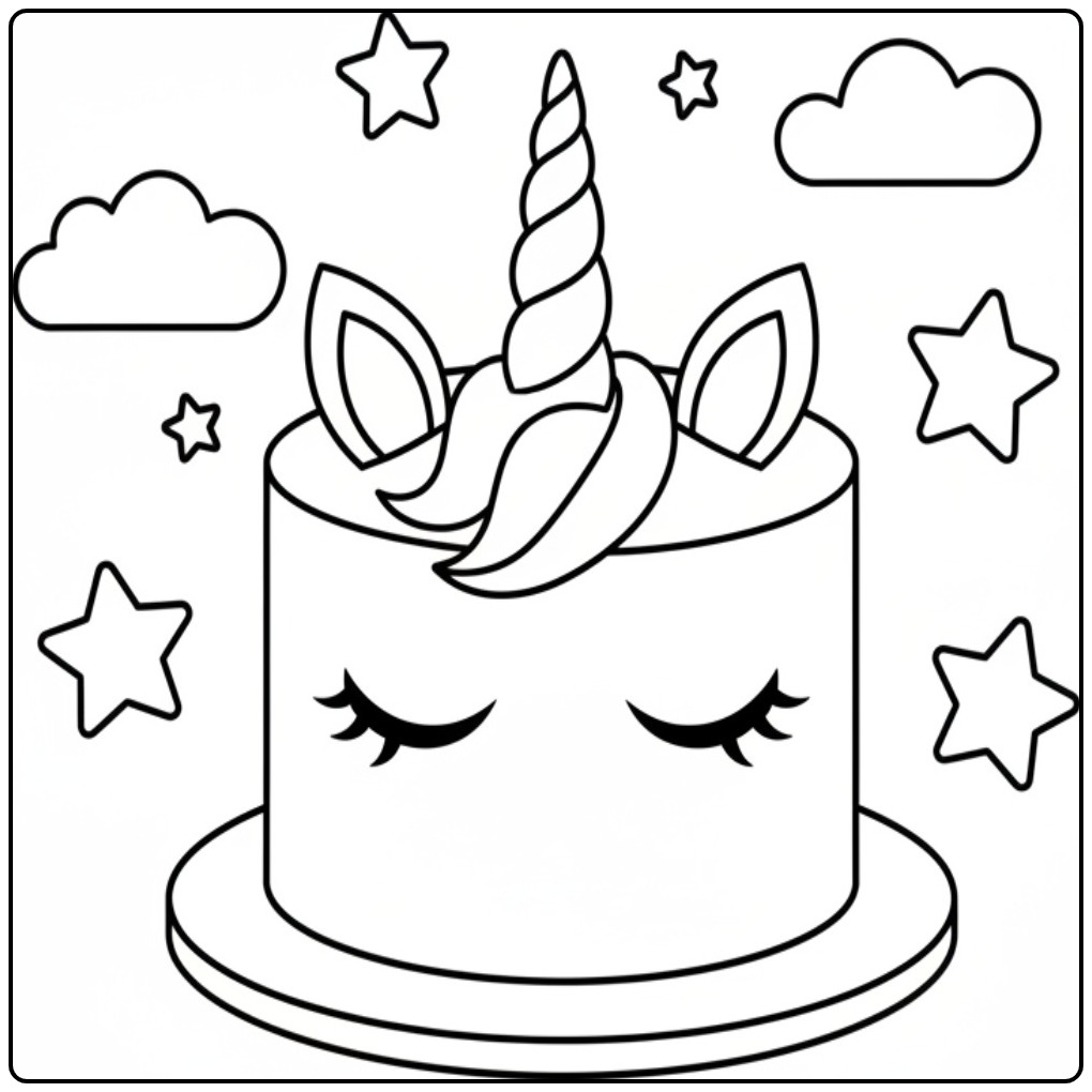 Een schattige kleurplaat unicorn taart met sterren en wolken.