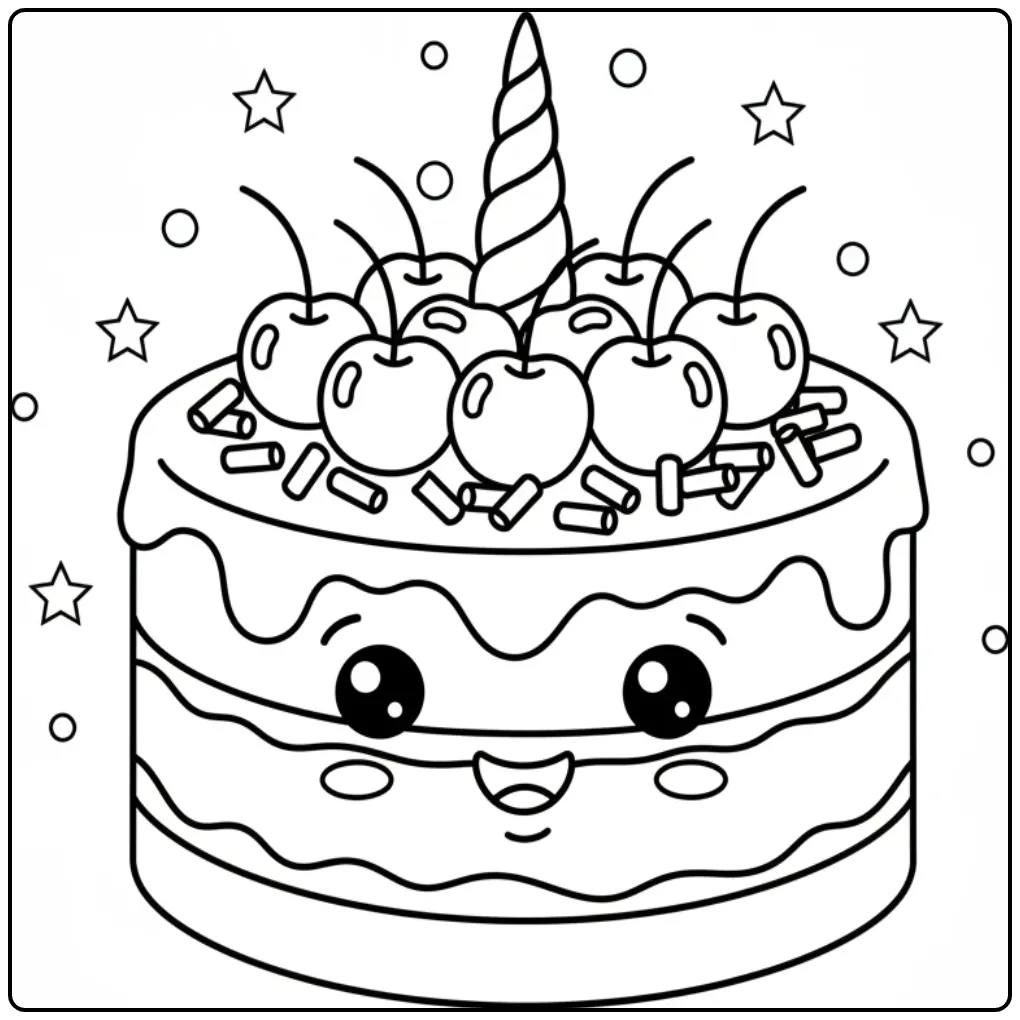 Printbare kleurplaat unicorn taart als een Zwarte Woud taart.