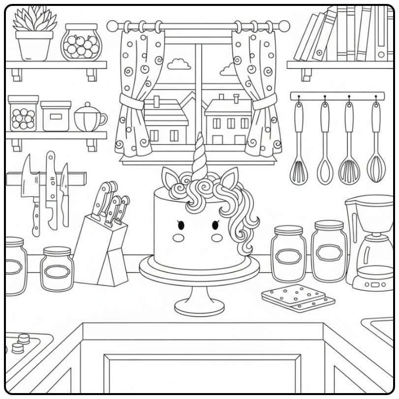 Een schattige kleurplaat unicorn taart in een gezellige keuken.