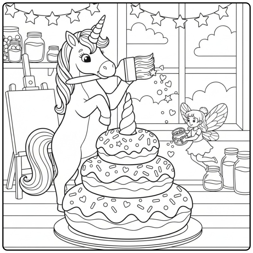 Een schattige kleurplaat unicorn taart met een helpende fee.