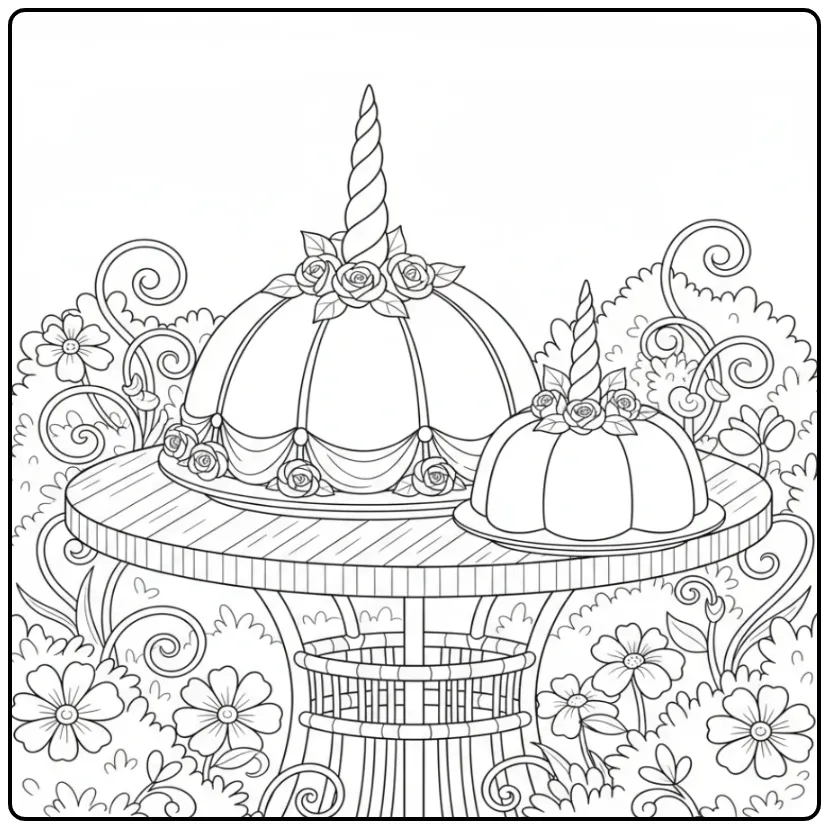 Een schattige kleurplaat unicorn taart in een theetuin.