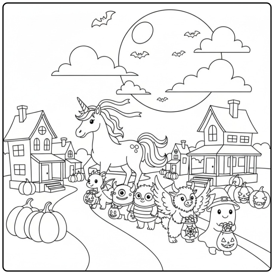 Schattige Kleurplaat unicorn trick-or-treat met kleine monsters.