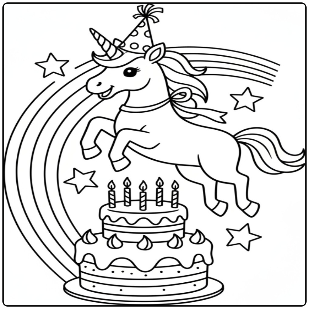 Vrolijke kleurplaat unicorn verjaardag met een grote taart.